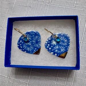 Blue and Gold Patterned Earrings guitar pick shaped gold dipped aquamarine